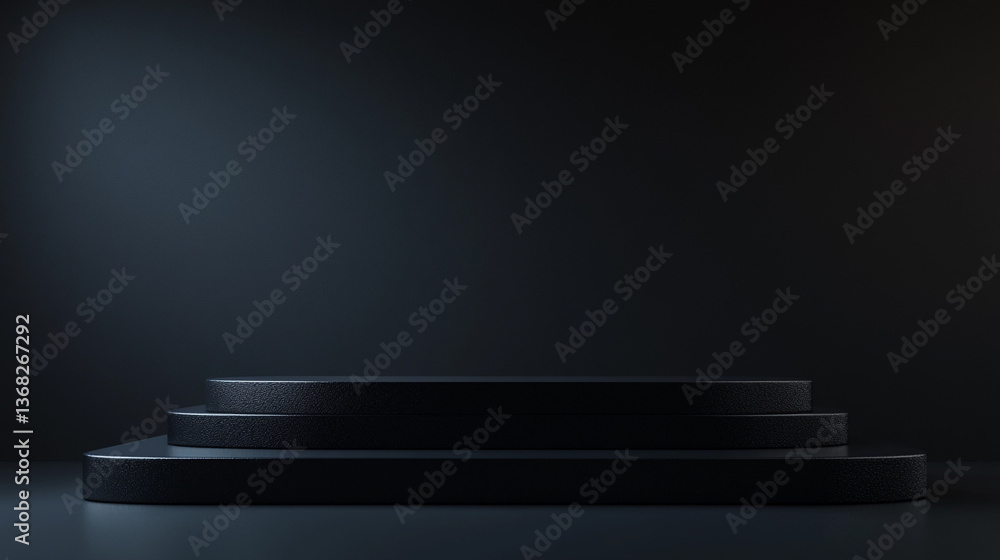 Aufkleber a dark three tiered platform against a dark background in a studio lighting environment for display