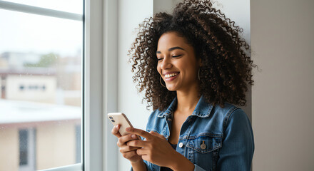 Happy Woman Using Smartphone by Window in Bright Room