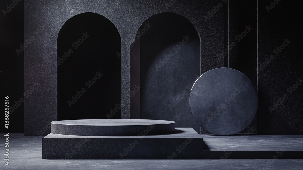 Poster a dark minimalist scene featuring a platform, arches, and a circular backdrop element for display pu