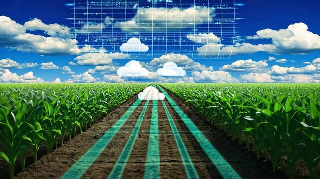 Expansive Agricultural Field with Corn Rows under a Vibrant Sky and Abstract Digital Overlay Demonstrating Data and Technology in Modern Farming