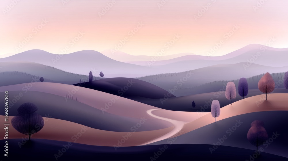 Aufkleber calming illustration of rolling hills with a winding path and sparse trees under a pastel colored sk