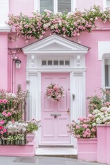 Fototapeta premium Charming pink door adorned with vibrant flowers welcomes visitors in a picturesque street during springtime blooming season