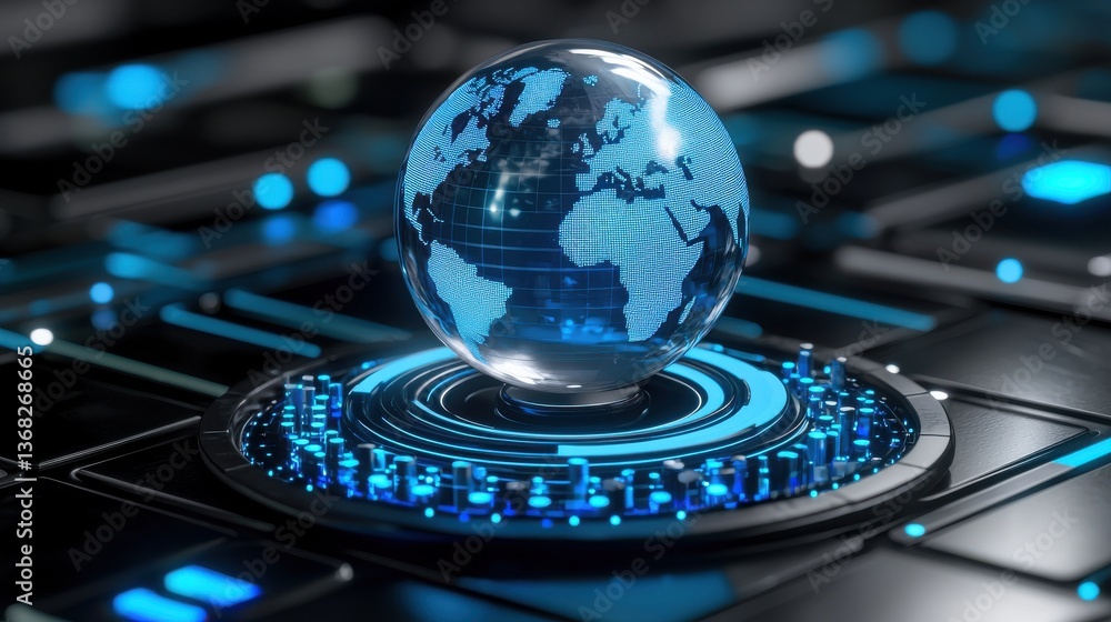 Poster futuristic digital globe on keyboard with blue neon elements representing language and ai adaptabili