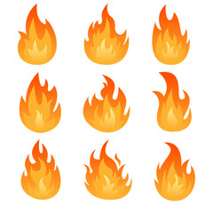 Set of Nine Orange Flames Various Sizes in a Row