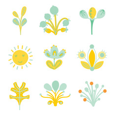 A vector set of abstract floral and herbal whimsical elements. 