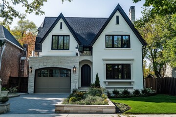 Elegant suburban house showcasing modern architecture with a blend of stone and stucco, surrounded by lush landscaping in a tranquil neighborhood during a sunny day