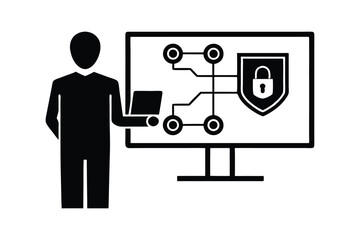 Silhouette vector art illustration of a cybersecurity expert analyzing network security on a large digital screen.eps