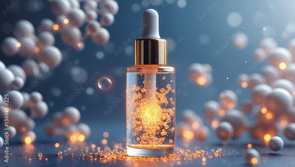 Poster close-up of a dropper bottle filled with glowing liquid surrounded by floating particles in a soft-f