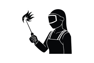 Silhouette vector art illustration of a female welder wearing a protective mask and gloves while holding a welding torch.eps