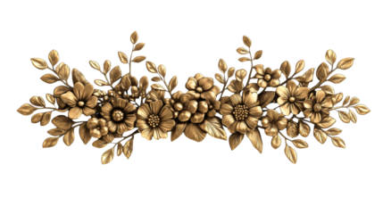 Golden flowers and leaves ornate decoration, floral element, cut out transparent