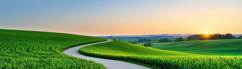 Fototapeta premium Serene sunrise over rolling green hills nature landscape tranquil environment panoramic view