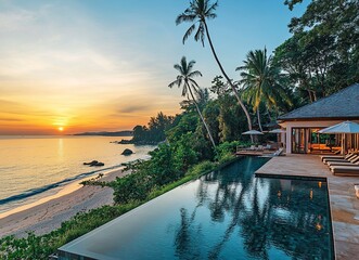 Fototapeta premium Beautiful tropical beach with swimming pool and palm trees at sunset, luxury vacation background. Vintage tone effect. The photo was taken in the Maldives on an island resort. A large empty swimming.