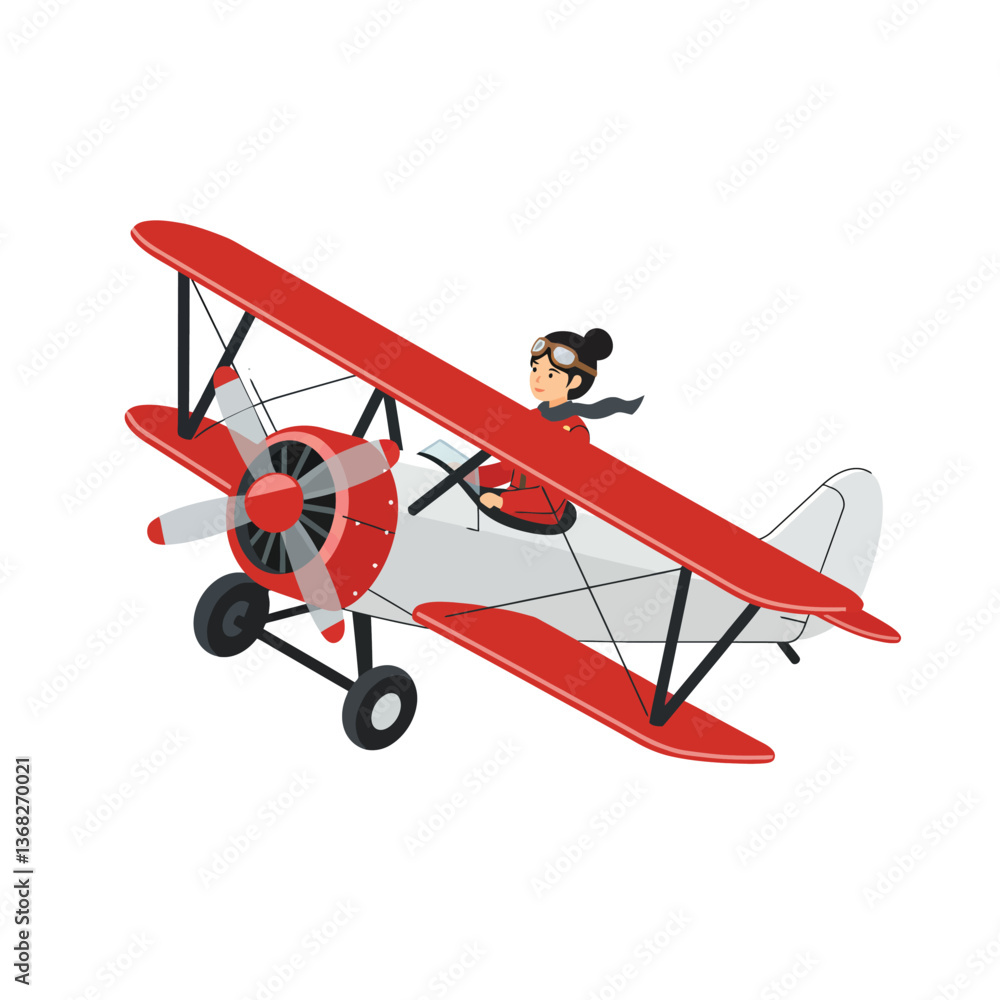 Aufkleber woman flying a red biplane in minimal vector art style with clear details and dynamic motion vector 