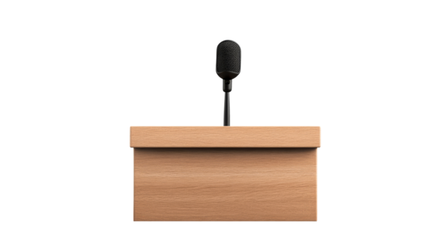 Wooden podium with microphone, isolated background, cut out transparent