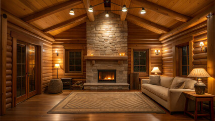 Cozy log cabin interior with a fireplace and warm lighting  