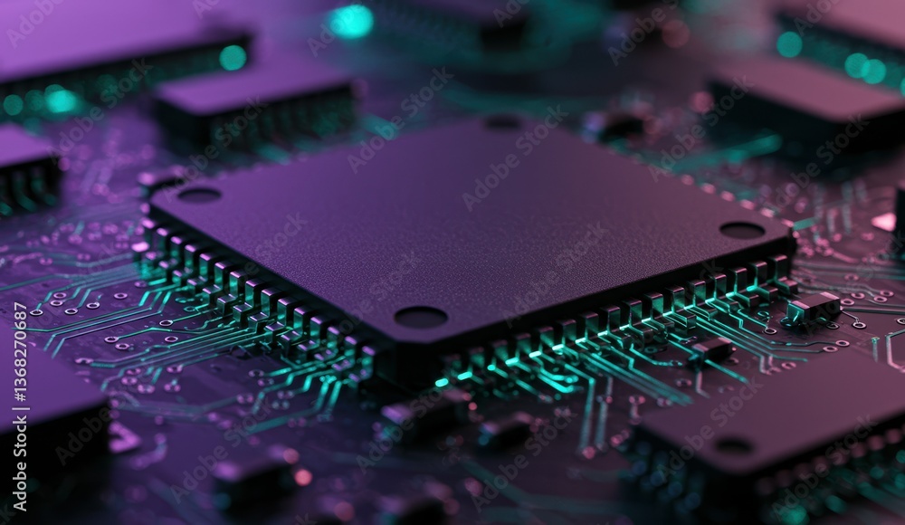 Poster close-up of microchip on circuit board with green lighting. represents innovation and technology in 