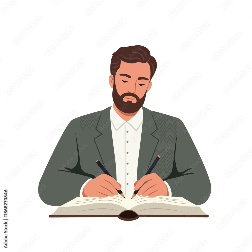 Poster man in suit writing in notebook with flat minimal vector art