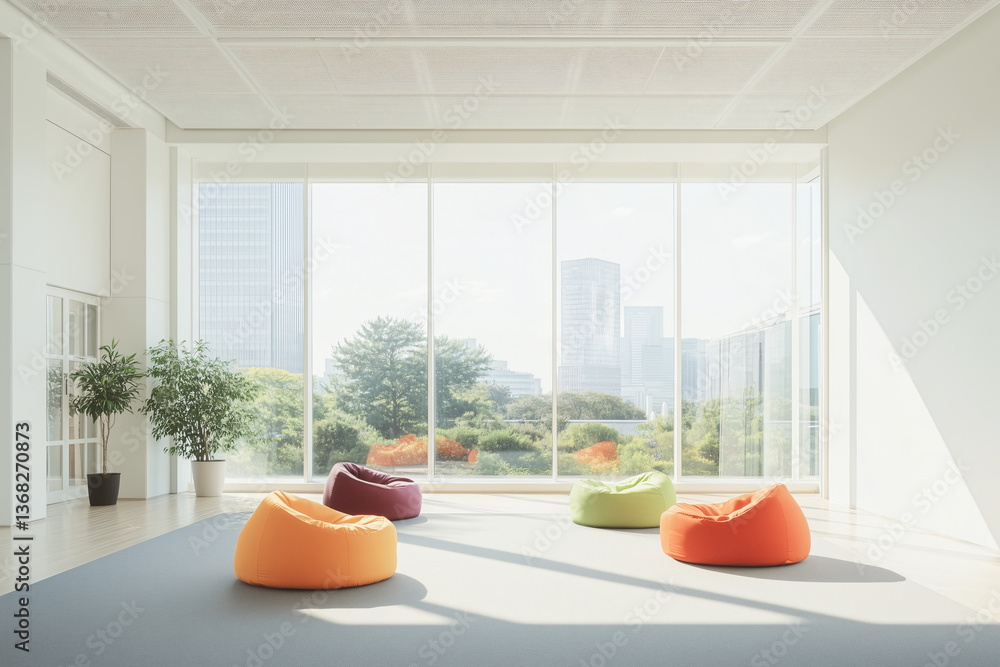 Poster serene relaxation room with a view: a modern relaxation space features colorful beanbag chairs and a