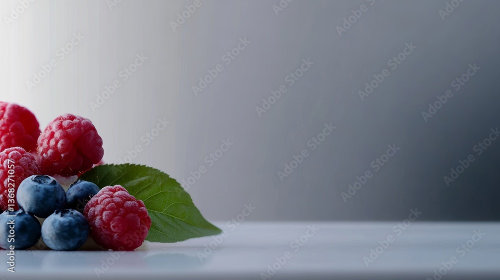 Aufkleber fresh raspberries and blueberries on a white surface with a gradient background in a studio setting 