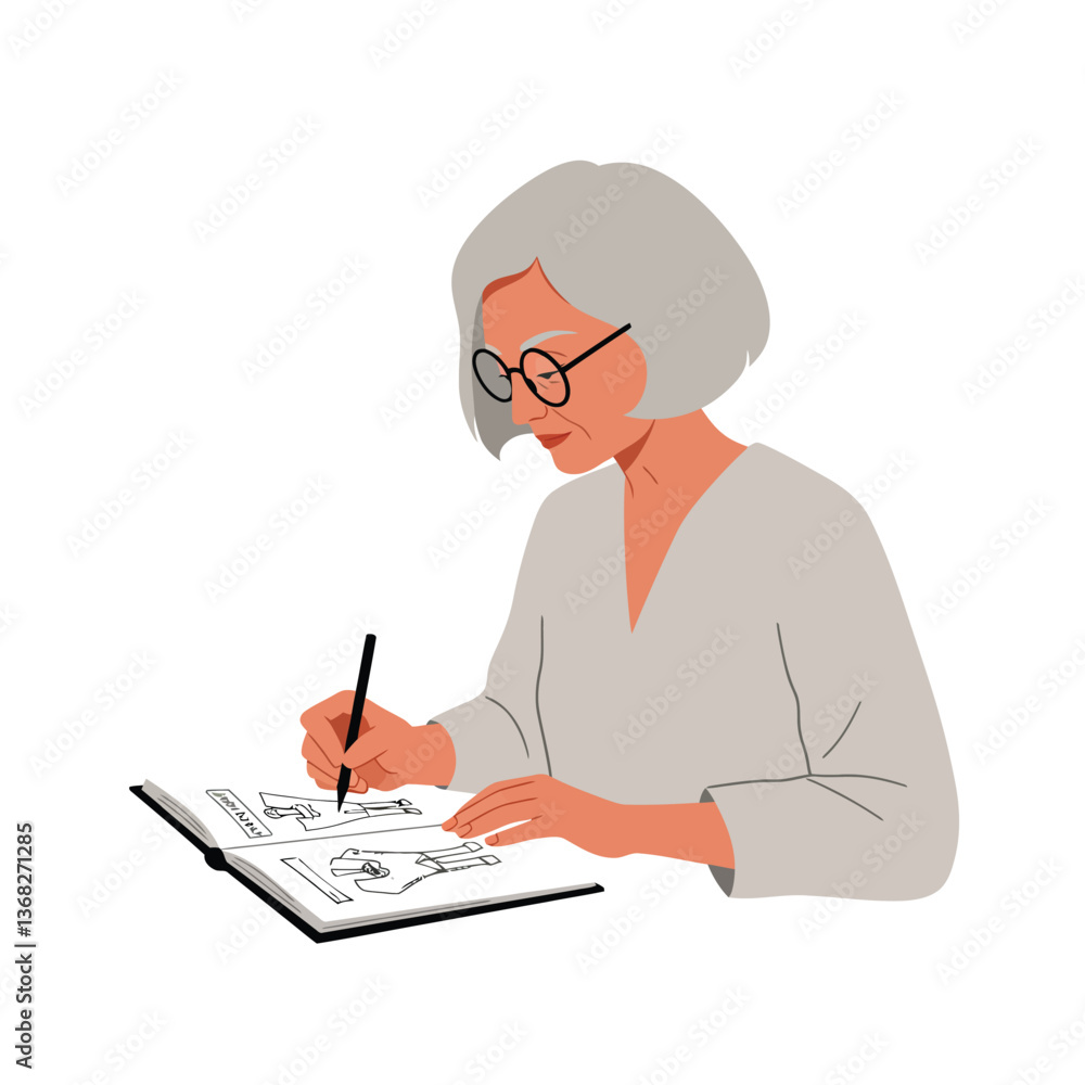 Poster woman sketching ideas in a notebook with minimal design style vector art