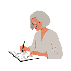Woman sketching ideas in a notebook with minimal design style vector art