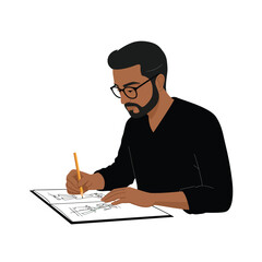 Man sketching ideas on paper in a minimal style vector illustration