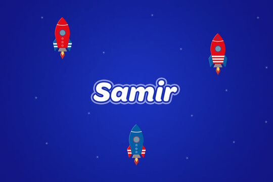 Samir male boy name illustration in blue with rockets.