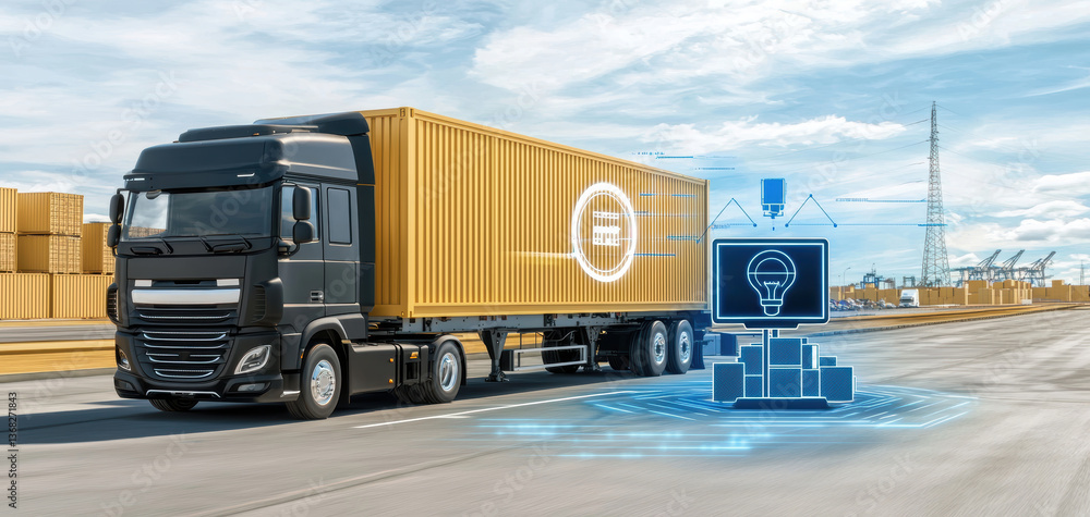 Poster autonomous truck loading dock with rfid scanning gates and ai software assigning cargo based on rout