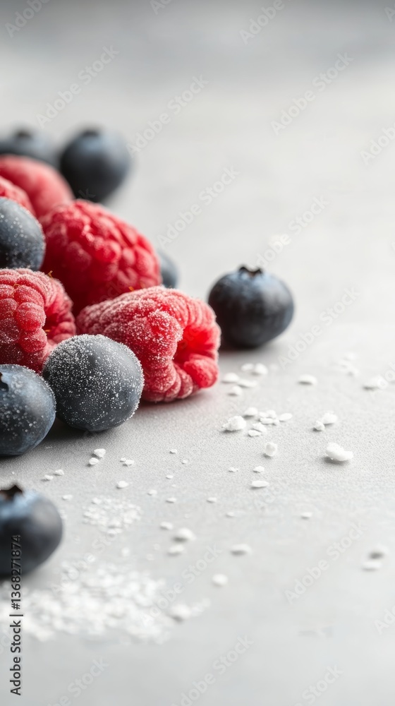 Aufkleber fresh raspberries and blueberries with a light dusting of powder on a neutral surface creating a bri