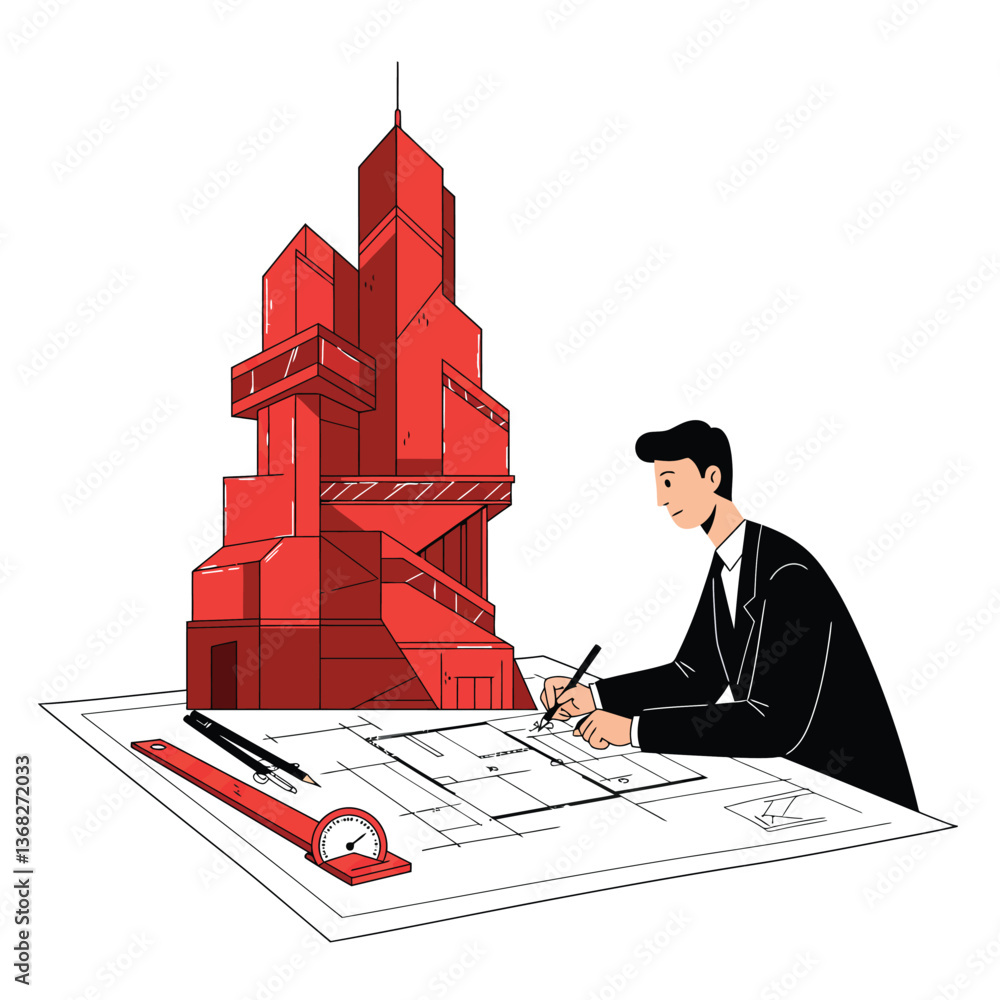 Poster architect designing a modern building in flat style vector art
