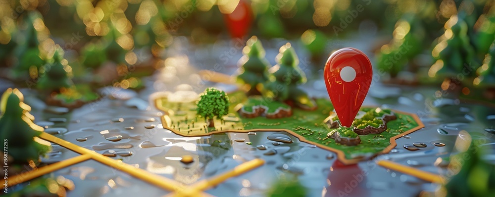 Aufkleber 3d rendering of a red location pin on a stunning green island in a 3d map with water droplets