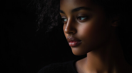 Fototapeta premium Close up portrait of a young woman with dark skin looking away in a dark setting with soft lighting