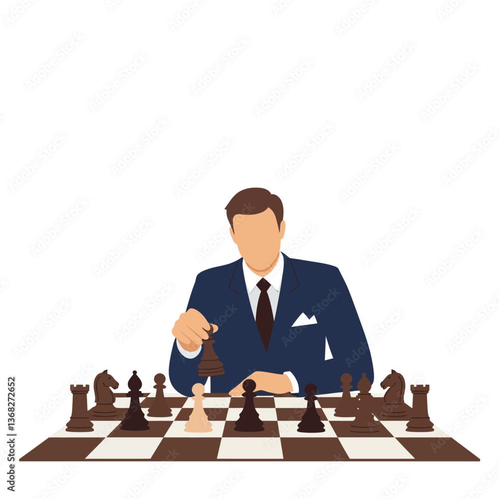 Poster chess player making a move in a minimal flat design vector illustration