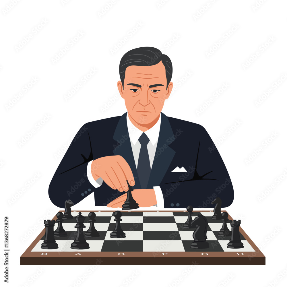 Poster man in suit playing chess with black pieces in minimal flat vector art