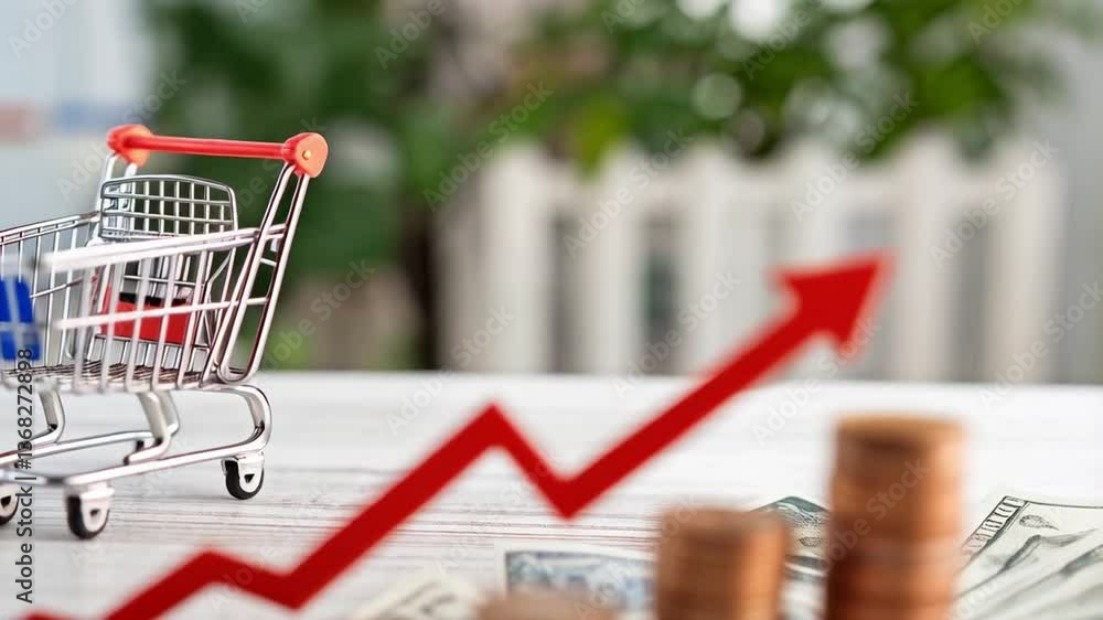Poster Close up of mini shopping cart with red arrow pointing up and stacks of coins on dollar bills