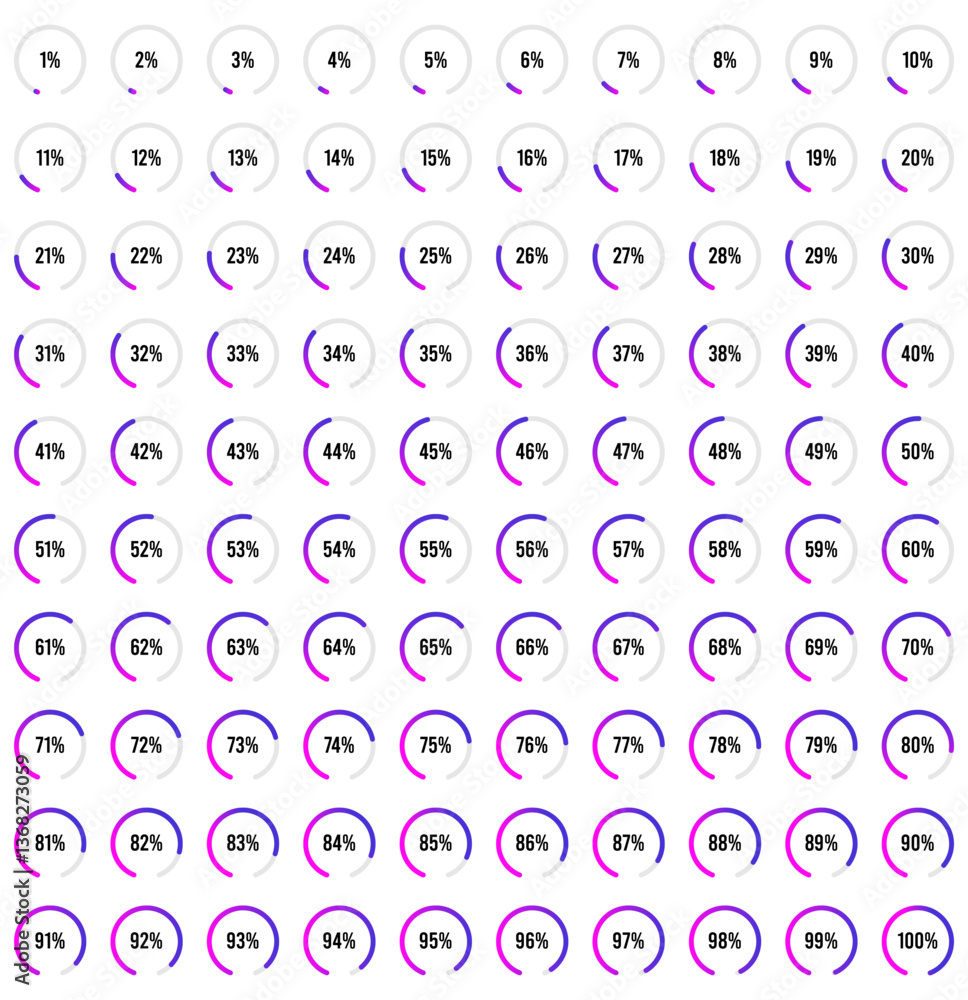 Fototapete set of circular sector percentage diagrams meters from 1 to 100 ready-to-use for web design, user in