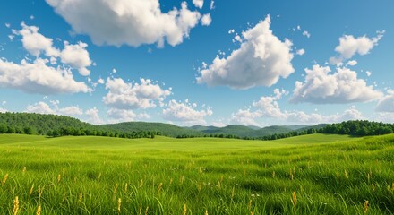 Obraz premium Vibrant green field basks in sunny summer light. AI Generated