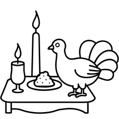 Turkey on a dinner table with candle line art vector illustration