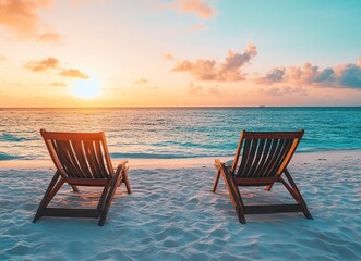 Fototapeta premium Beautiful tropical beach with swimming pool and sunset sky at luxury resort in Maldives island, summer vacation background. Hmarsh wallpaper. Beautiful tropical beach with swimming pool and sunset sky