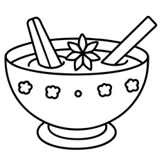 Bowl of holiday punch with cinnamon stick line art vector illustration