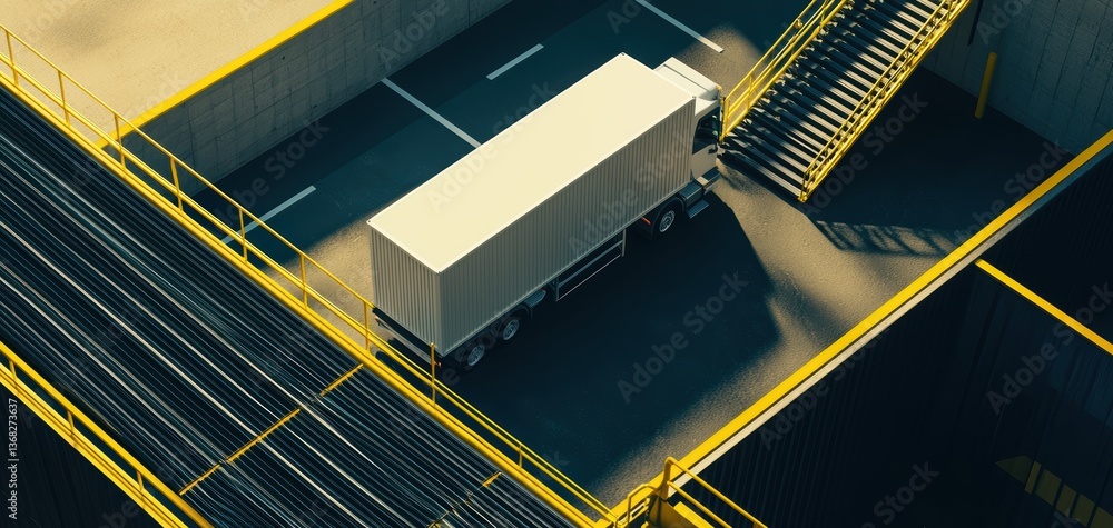 Poster autonomous truck loading dock with rfid scanning gates and ai software assigning cargo based on rout
