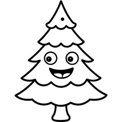 Cartoon style Christmas tree with a funny face line art vector illustration