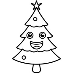 Cartoon style Christmas tree with a funny face line art vector illustration