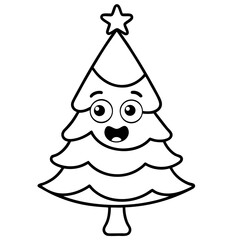 Cartoon style Christmas tree with a funny face line art vector illustration
