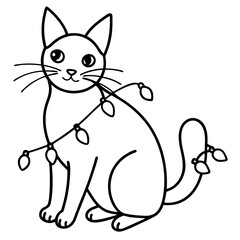 Cat tangled in Christmas light line art vector illustration