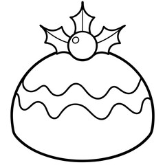 Christmas pudding with holly decoration line art vector illustration