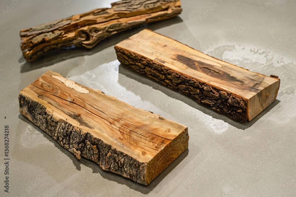 Poster three wooden boards with natural bark are lying on a concrete floor, showcasing their unique texture