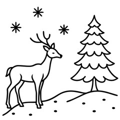 Reindeer silhouette with Christmas tree in a snowy forest