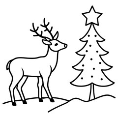 Cute winter silhouette of a cartoon Christmas deer with antlers and a tree