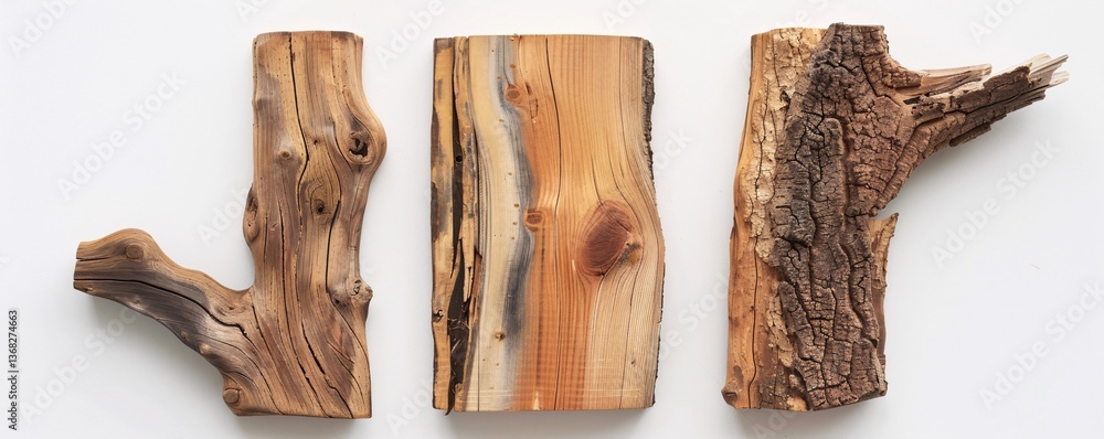 Poster three weathered wooden pieces rest on a plain white surface, displaying various hues and textures